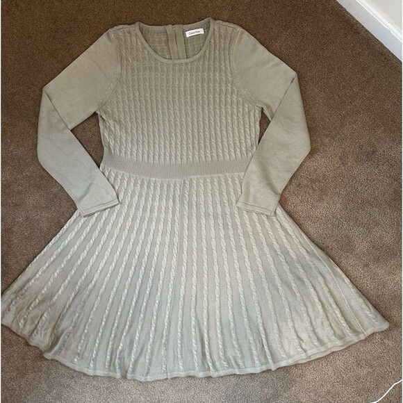 Calvin Klein Tan Cable Knit Fit & Flare Sweater Dress Women's Size X Large - Picture 8 of 15